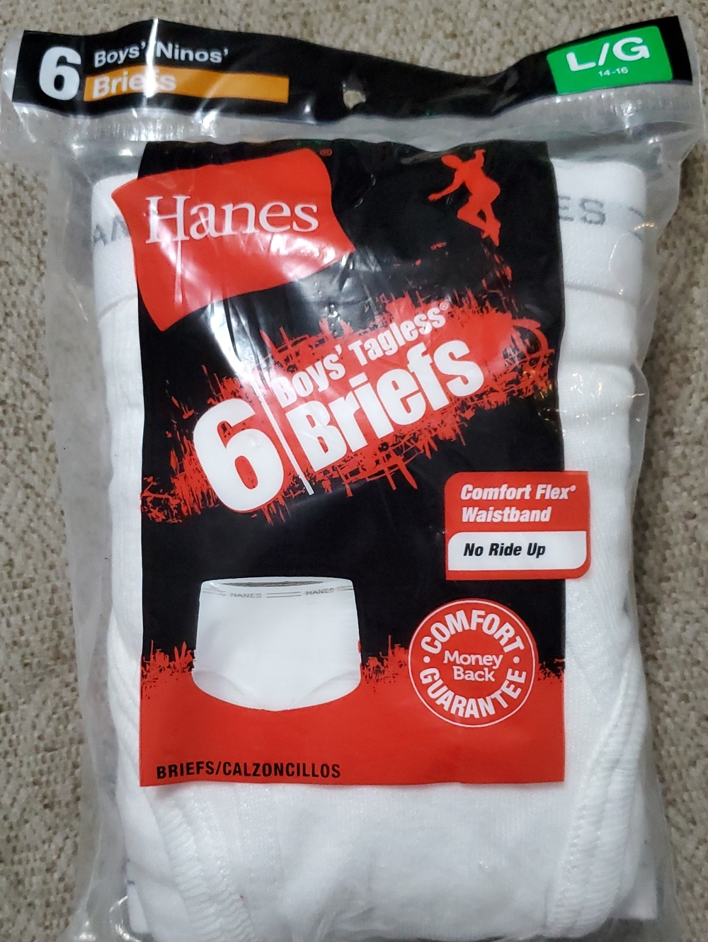 Hanes Boys' Size Large 14-16 White Briefs - 6 Pack No Ride Up